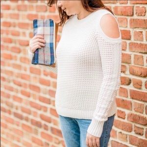 Loft Cold Shoulder Waffle Stitch Cable Sweater
